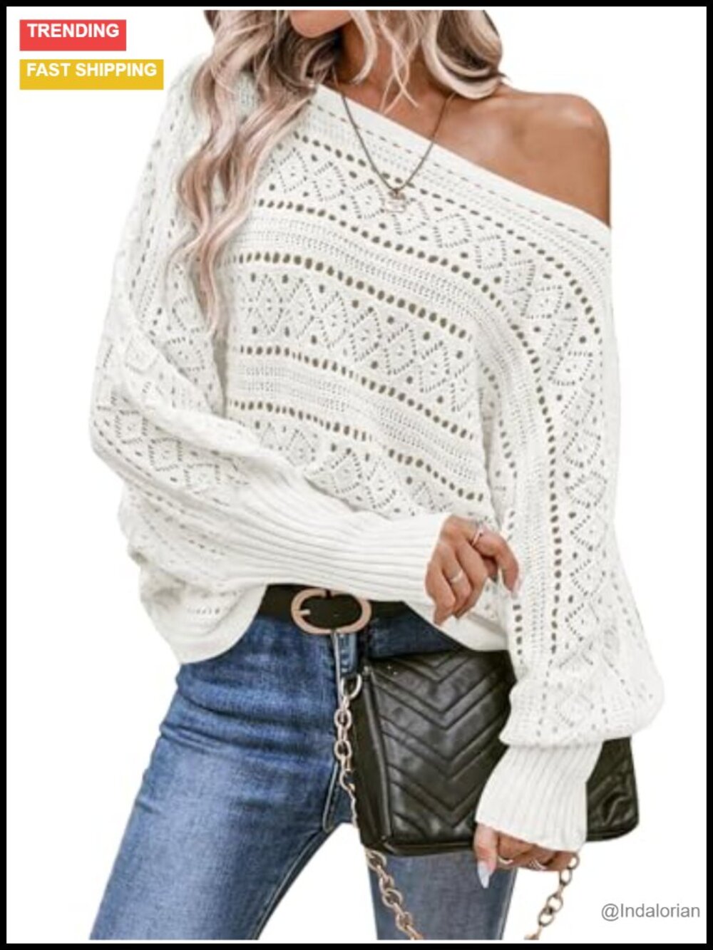 Off Shoulder Oversized Crochet Knit Pullover Sweater Batwing Sleeve